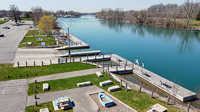 Drone overhead photo of the boat launch area, docks and the Welland River.