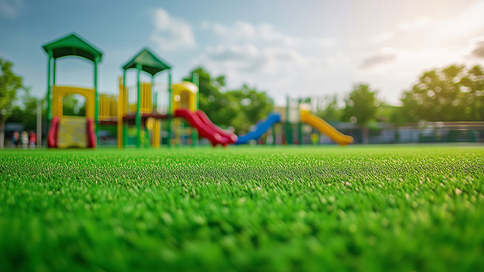 Image at ground level of green grass with a playground in the background. Trees in the background and a blue sky above.