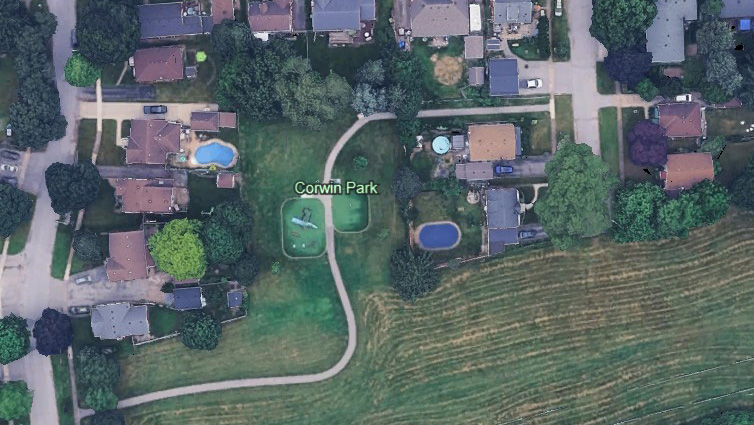 Corwin Park aerial image showing the pathway entrances and playground.